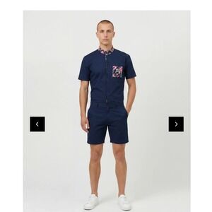 Romperjack Mens Navy Rose Navy Blue Floral Accent Short Sleeve Romper Size L